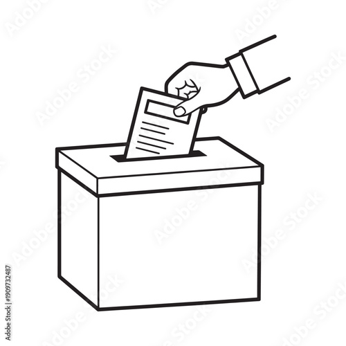 A hand depositing a ballot into a rectangular voting box illustration