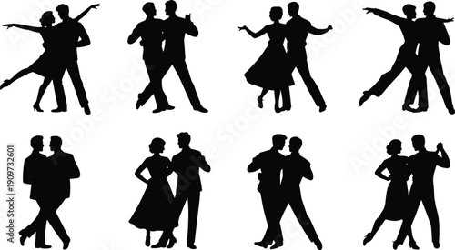 Ballroom dance silhouette illustration set, elegant dancing couples poses, tango waltz latin performance movement design
