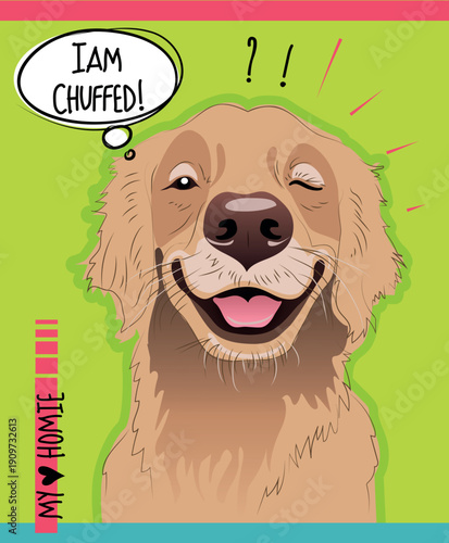 Vector illustration on a light green background featuring a portrait of a funny dog, a Golden Retriever with a delighted expression, a speech bubble reading 