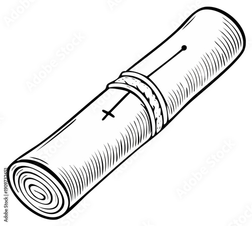 Medical bandage roll, rolled gauze with pin, first aid illustration, drawing