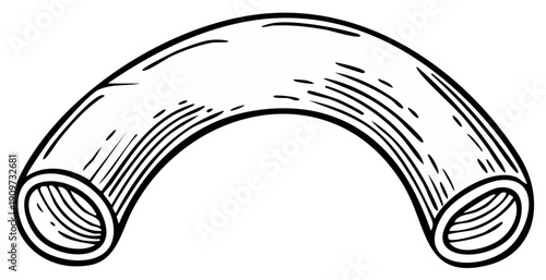 Black and white illustration of a curved pipe with cross-hatching detail and a hollow interior