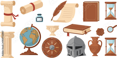 Ancient History and Classical Civilization Objects Set with Scrolls, Books, Helmet, Shield, Globe, Columns, Hourglass, and Antique Artifacts Vector Illustration