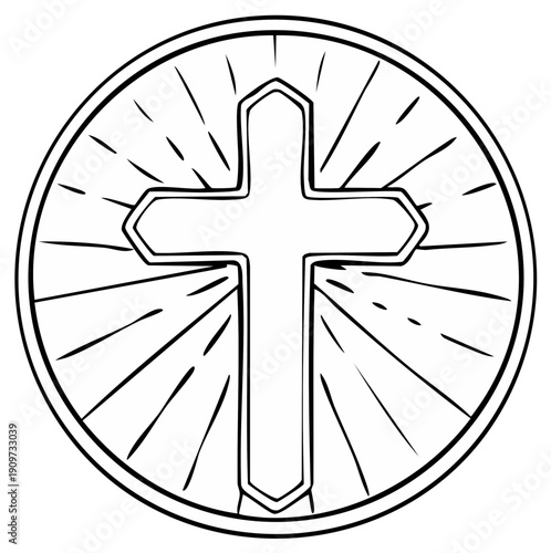 Christian Cross Symbol With Radiant Light Rays In A Circle Outline Illustration
