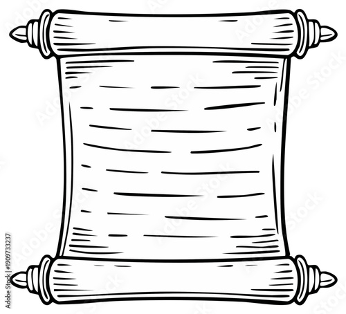 Ancient scroll with unrolled parchment and decorative ends ready for text