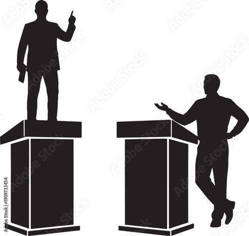 Silhouettes of two men standing on and beside podiums pointing gesturing  business presentation