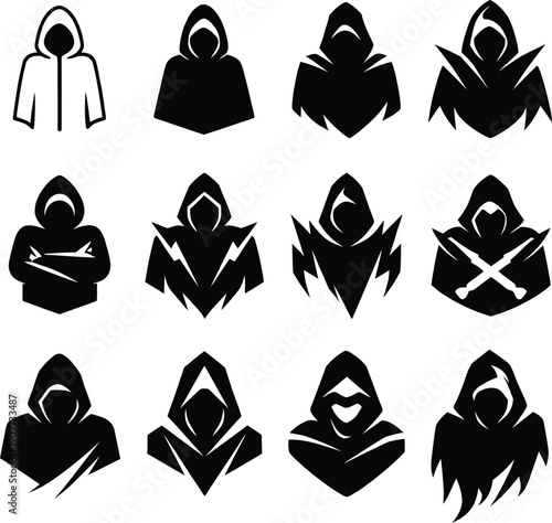 Vector set of black hooded figures, mysterious cloaked silhouettes, assassin, hacker, or gamer avatars, isolated on white