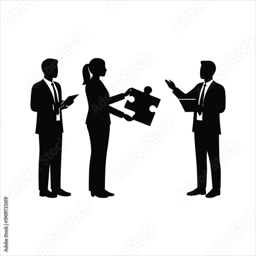 Businesspeople collaborating to assemble a puzzle piece, symbolizing teamwork, problem-solving, and partnership