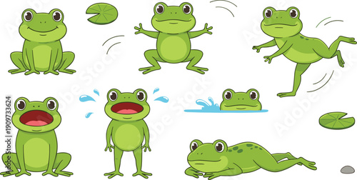 Cute Frog Cartoon Character Set with Jumping, Sitting, Swimming, Funny Expressions, Lily Pads, and Adorable Amphibian Poses Vector Illustration