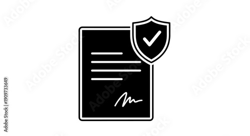 A black silhouette of a document with text lines and a signature is secured by a shield icon with a checkmark on it.