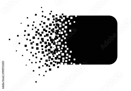 A black rounded rectangle disintegrates into many small square pixels spreading out to the left on a white background.