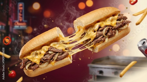 Levitating Philly Cheesesteak Sandwich Melted Cheese Hot Fresh