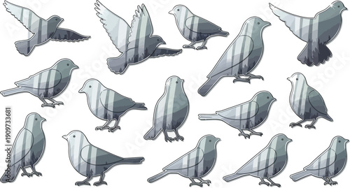 Illustration of diverse bird species in various poses and flight patterns