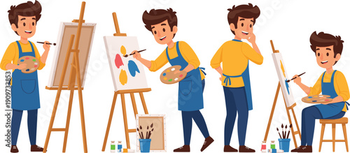 Young Male Artist Painting on Canvas Set with Easel, Brushes, Palette, Creative Process, Studio Work, and Artistic Poses Cartoon Vector Illustration
