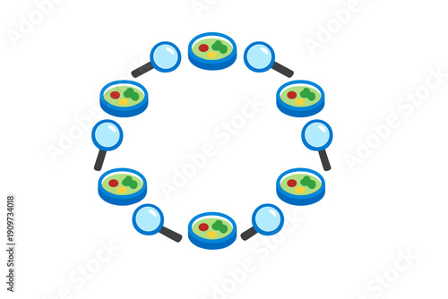 Visual of soup bowls arranged in a circle with magnifying glasses showing ingredients in different colors and shapes on a plain background during a cooking activity in a learning space