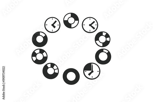 Clocks arranged in a circular layout showing different times during the day in a simple design on a white background