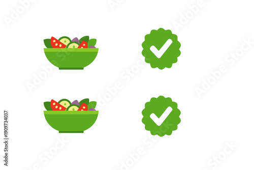 Bowl with salad displayed on a plain background featuring check marks indicating freshness and quality certifications