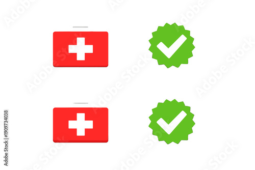 Red first aid kit and green check marks showing safety and readiness for emergencies in a simple layout