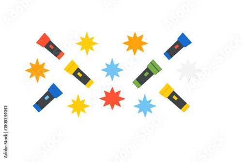 Different colored flashlights with stars on a light background during a fun event for children