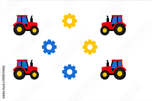 Red tractors and gears on a white background showing a pattern of farming tools and equipment in a simple design