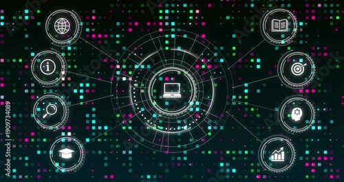 Pixel grid pulsing sparking central laptop hub drawing rings extending to nodes, showing network