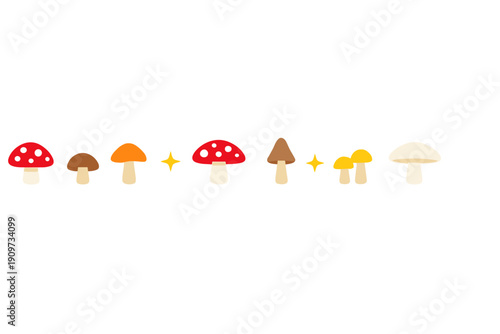 Colorful cartoon mushrooms lined up on a white background with sparkles showing a fun and playful design suitable for various uses