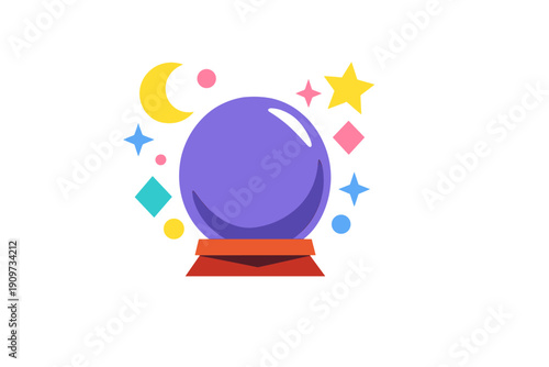 Crystal ball sits on a red stand, surrounded by colorful stars, moons, and shapes, representing fortune telling and magic