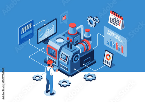 An isometric illustration shows a worker operating an industrial machine with screens displaying predictive maintenance data and a calendar.