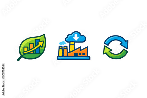 Symbols showing growth, industry, and recycling in a visual representation of environmental themes and sustainable practices