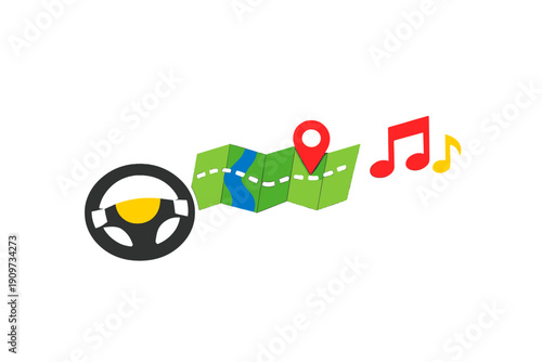 Driving with a map and music for a road trip adventure in a sunny day with friends enjoying the journey together