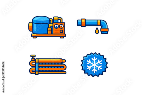 Set of icons showing cooling system components like pump, pipe, and tubing used in refrigeration and air conditioning systems in a simple design