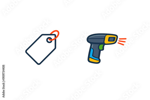 Barcode scanner and price tag are shown together to represent retail and inventory management at a store or market