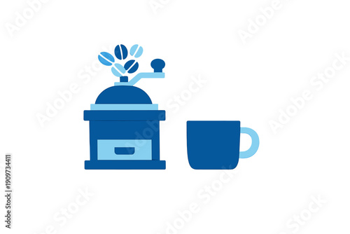Coffee grinder and cup on a white background showing the process of making coffee in a simple way without complex details