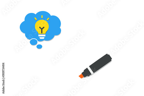 Bright idea concept with a marker and a light bulb design on a plain background showing the creative thinking process