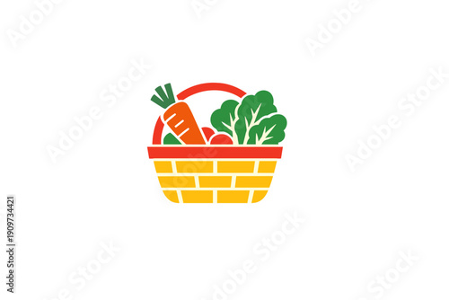 Fresh vegetables are collected in a basket showing carrots, lettuce, and other items in a simple design for healthy eating awareness