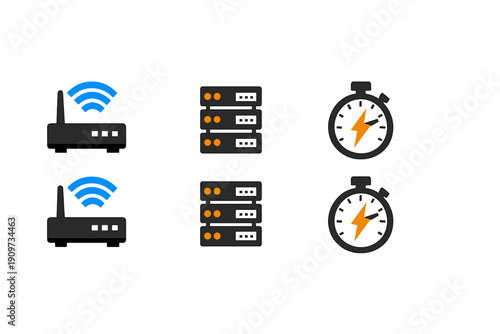 Digital network devices display showing routers, servers, and timers to indicate connection speeds and performance metrics used in modern technology environments