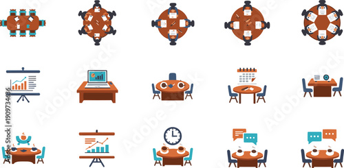 Business Meeting, Office Conference Room, and Collaborative Workspace Icon Set