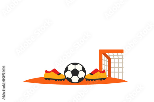 Soccer equipment on a field with shoes, ball, and goal during daytime on a clear surface