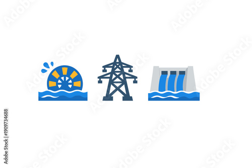 Discussion about renewable energy sources highlighted by water wheel, power line, and dam illustrating hydroelectric power generation in modern energy systems
