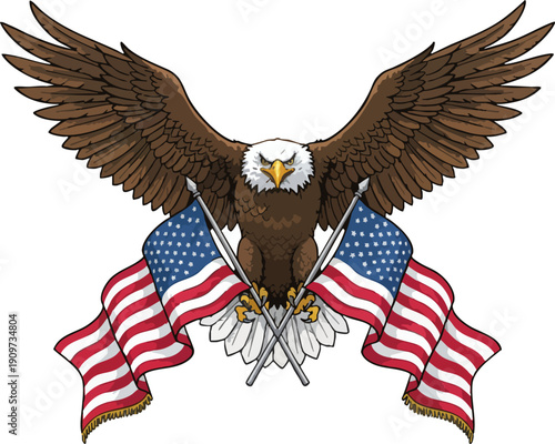 Majestic Bald Eagle Spreading Wings Holding American Flags