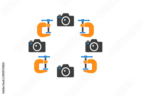 Circle of cameras and clamps showing the process of reducing image size and optimizing photos for sharing and storage on social media platforms