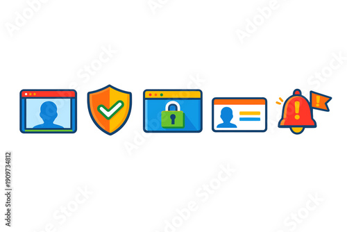 Icons showing online security features and alerts used in digital platforms for protecting user data and privacy during internet activity
