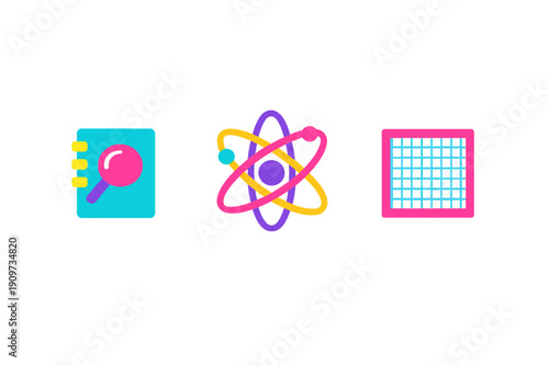 Colorful icons representing different scientific concepts such as research, atoms, and data visualization found commonly in educational materials
