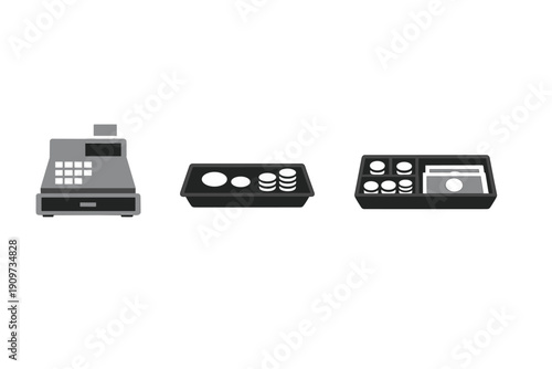 Cash register and trays with coins and bills at a retail store during a busy shopping day in the afternoon