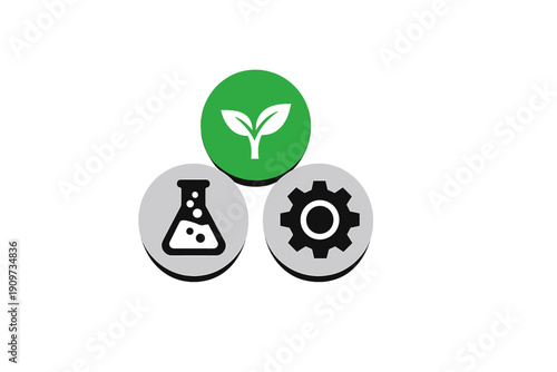 Three icons showing a plant, a laboratory flask, and a gear suggesting a focus on science, technology, and nature in modern research and development projects