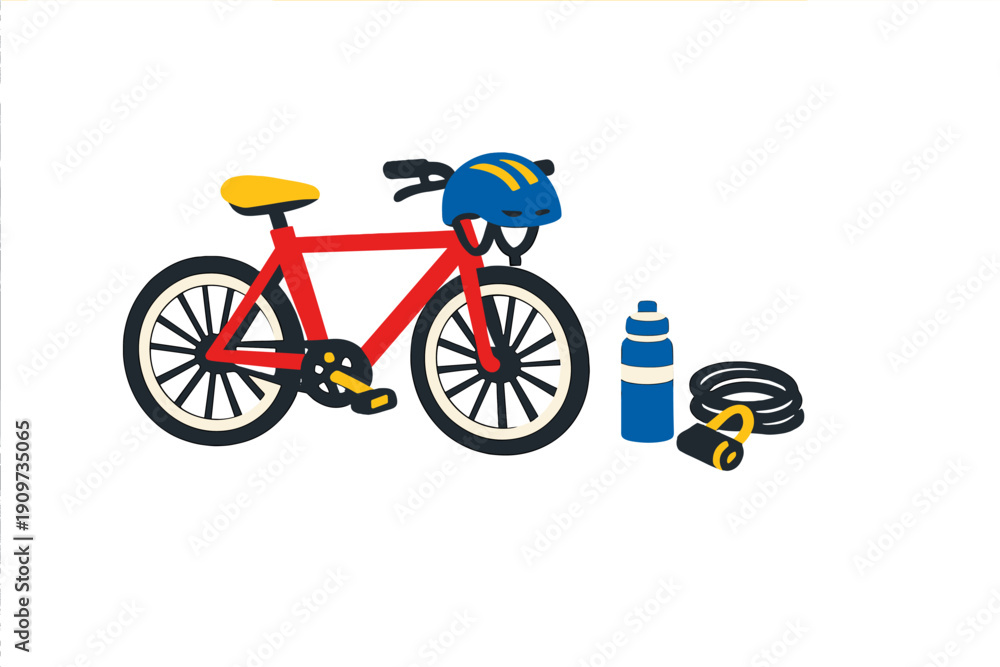 Fototapeta premium Bright red bicycle with yellow accents, water bottle, and accessories placed on a white background during a casual day in a park