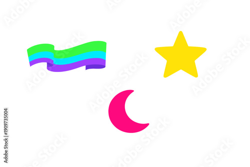 Colorful shapes of a rainbow flag, a star, and a crescent moon float on a white background during a creative art session