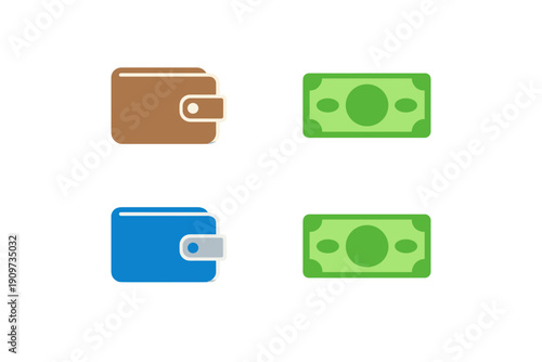 Different wallets and cash shown on a simple background with two wallets and two bills displayed in a square layout for visual interest