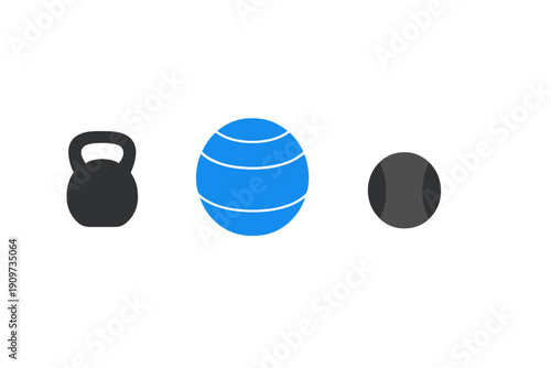 Fitness equipment includes a kettlebell, a stability ball, and a tennis ball arranged in a row on a white background