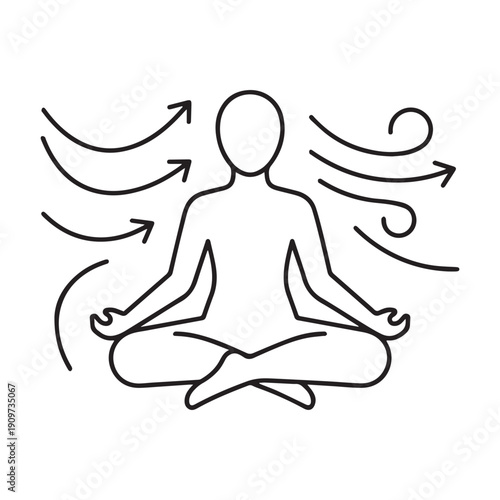 Minimalist line art illustration featuring a seated meditation silhouette surrounded by flowing wind arrows symbolizing mindful breathing and energy flow.