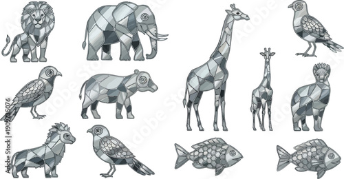 A collection of various animals including lion, elephant, and giraffe depicted in detailed illustrations